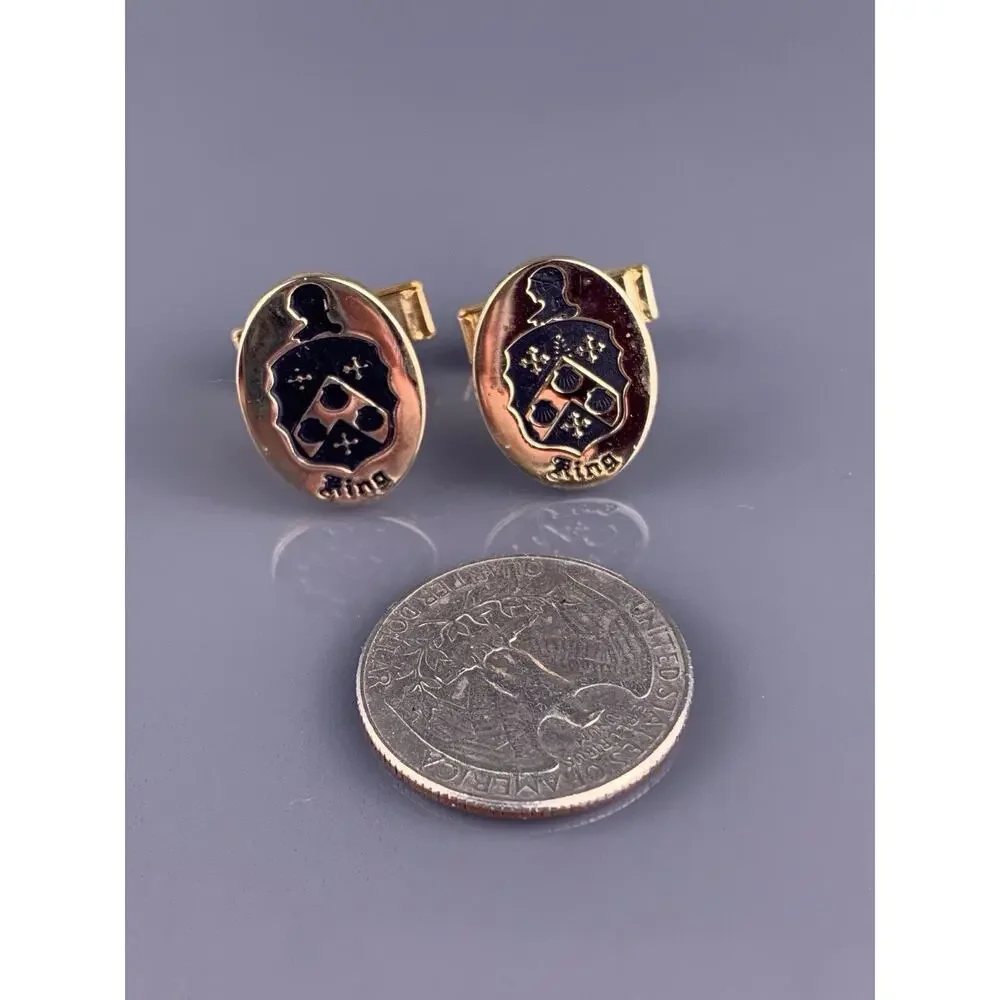 King Family Crest Cufflinks Tie Clip Gold Tone Knight Cross Escallop Vintage